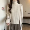 Chic White Knit Turtleneck - Ribbed Texture, Side Buttons & Slits- SweaterWardrobe