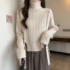Oversized White Turtleneck - Ribbed Knit, Side Button Accents- SweaterWardrobe