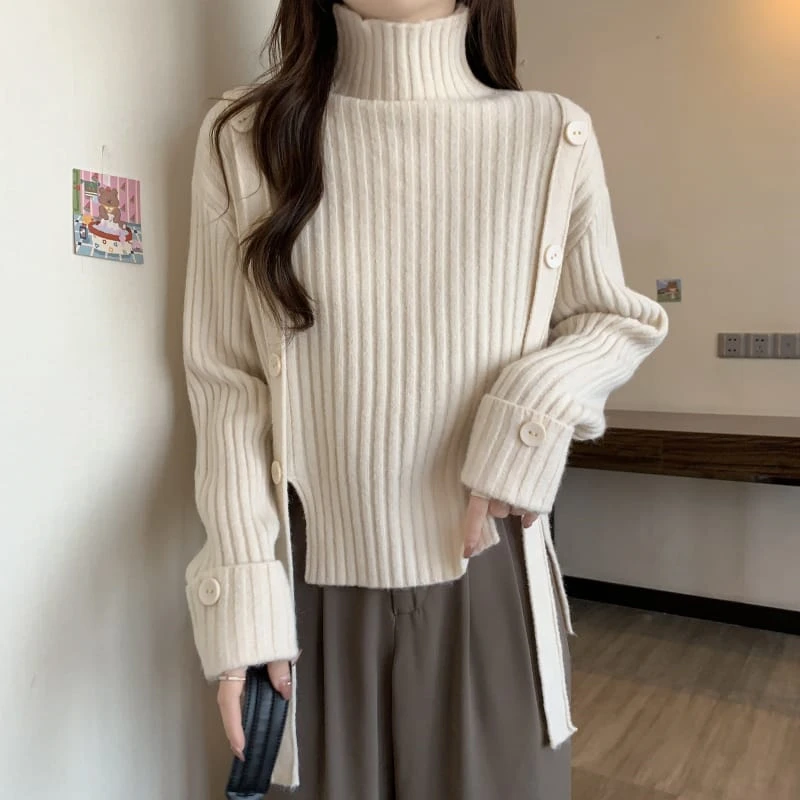 Oversized White Turtleneck - Ribbed Knit, Side Button Accents- SweaterWardrobe