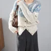 Patterned Knit Cardigan Sweater - Soft Wool Blend, Blue & Beige Color Block- SweaterWardrobe