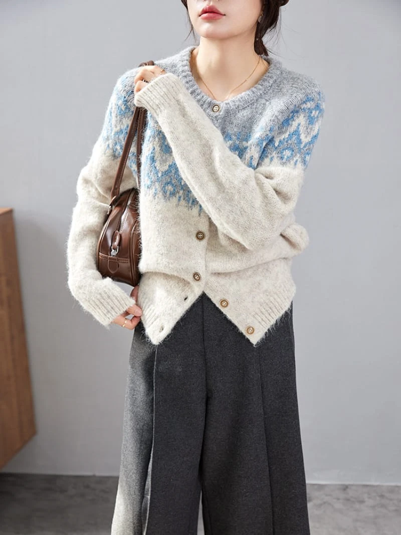 Patterned Knit Cardigan Sweater - Soft Wool Blend, Blue & Beige Color Block- SweaterWardrobe