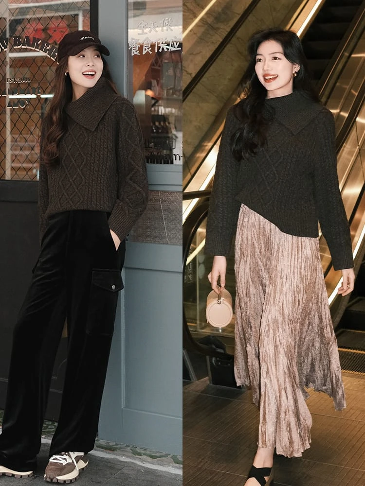 Women's Brown Asymmetric Collar Cable Knit Sweater - Loose Fit Pullover - Image 4