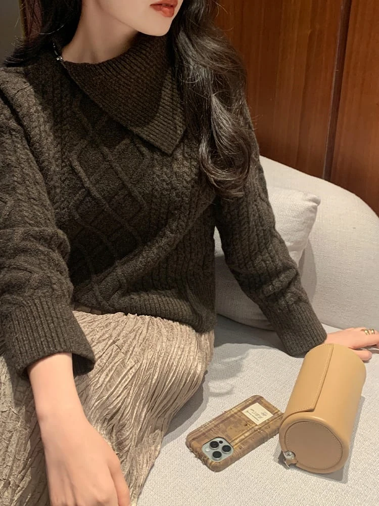 Women's Brown Asymmetric Collar Cable Knit Sweater - Loose Fit Pullover - Image 2