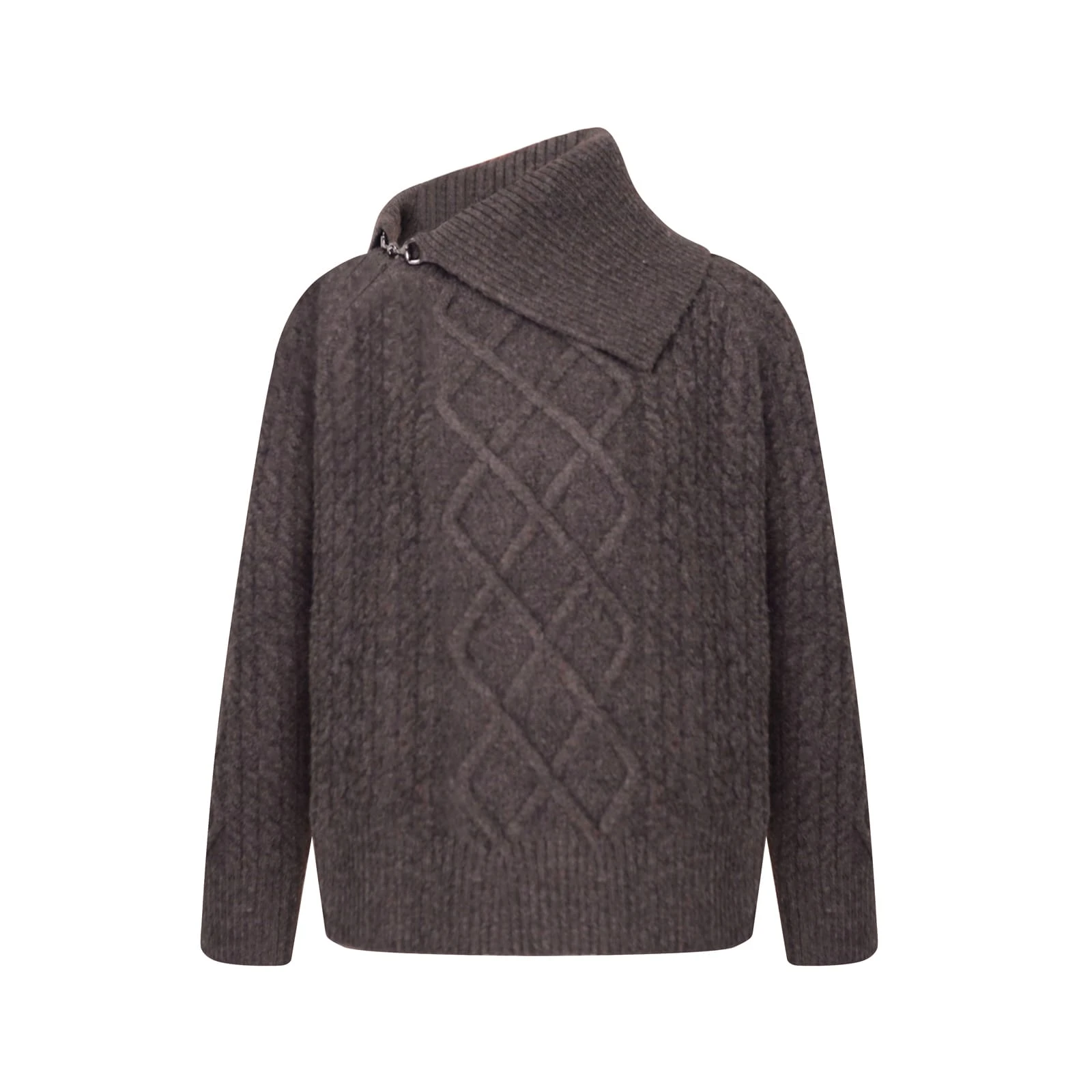 Women's Brown Asymmetric Collar Cable Knit Sweater - Loose Fit Pullover - Image 1