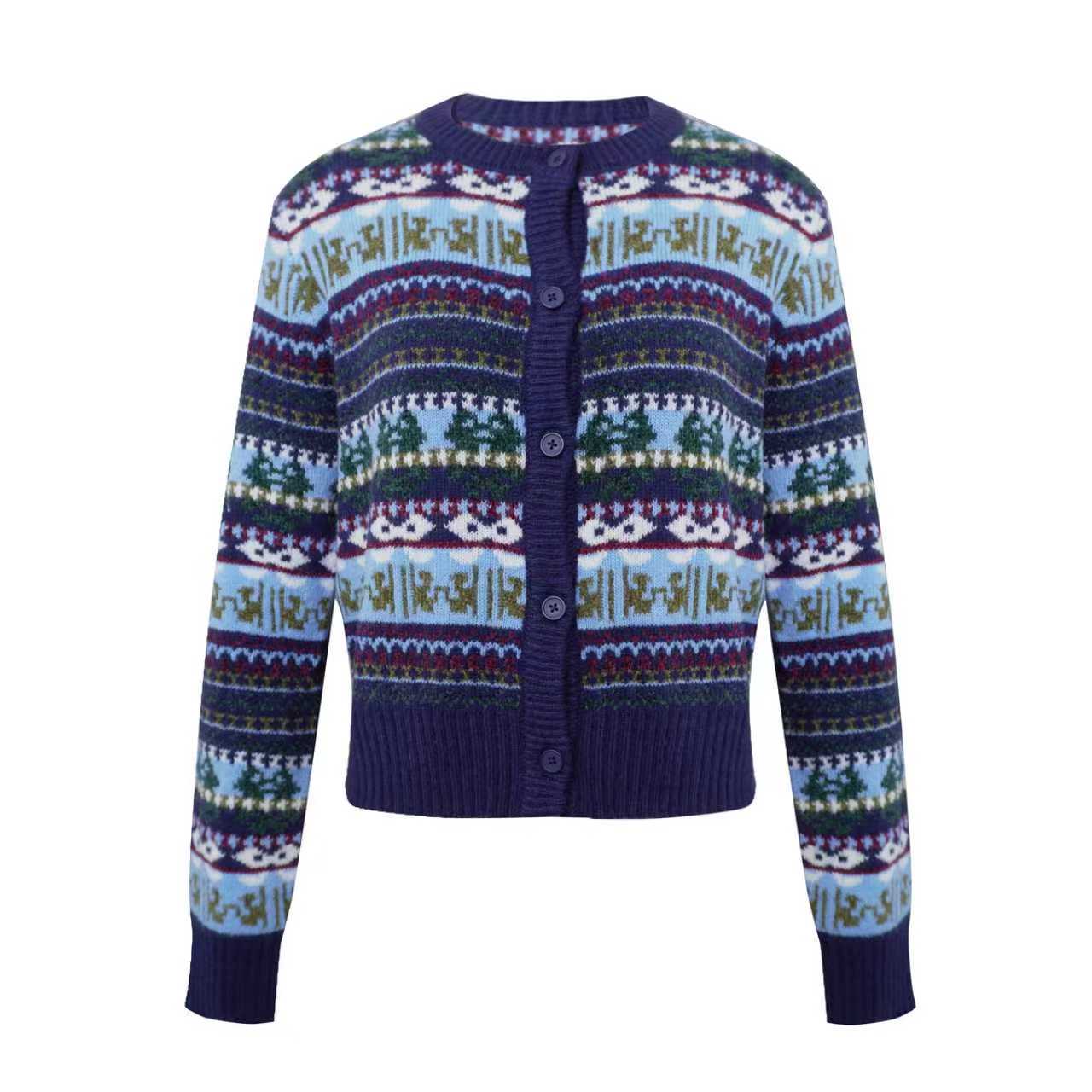 Navy Blue Fair Isle Patterned Knit Cardigan 1 Navy Blue Fair Isle Patterned Knit Cardigan - Image 1
