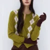 Women's Olive Green Argyle Cardigan Sweater - Classic Knit Pattern Button-Up 9 Women's Olive Green Argyle Cardigan Sweater - Classic Knit Pattern Button-Up - Thumbnail Image 3