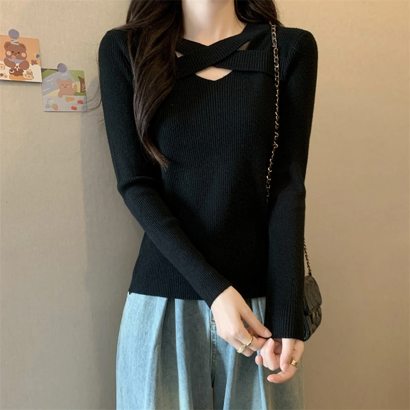 Cross-Front Cutout Ribbed Knit Sweater | Long Sleeve Fitted Top | Women's Fashion Knitwear - Image 2