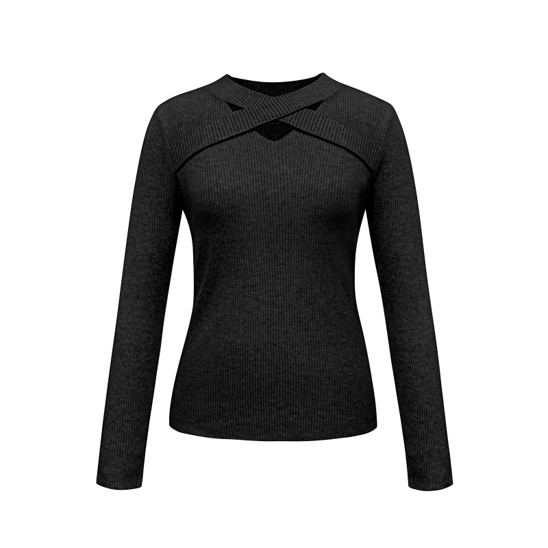 Cross-Front Cutout Ribbed Knit Sweater | Long Sleeve Fitted Top | Women's Fashion Knitwear - Image 1