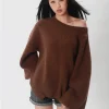 Women's Off-Shoulder Oversized Sweater - Chunky Knit Long Sleeve Pullover Top for Spring & Autumn - Thumbnail Image 10