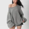Women's Off-Shoulder Oversized Sweater - Chunky Knit Long Sleeve Pullover Top for Spring & Autumn - Thumbnail Image 2