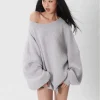 Women's Off-Shoulder Oversized Sweater - Chunky Knit Long Sleeve Pullover Top for Spring & Autumn - Thumbnail Image 5