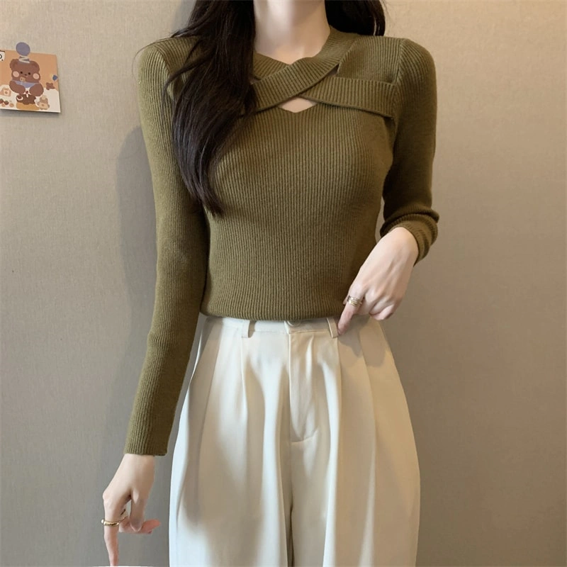 Cross-Front Cutout Ribbed Knit Sweater | Long Sleeve Fitted Top | Women's Fashion Knitwear - Image 7