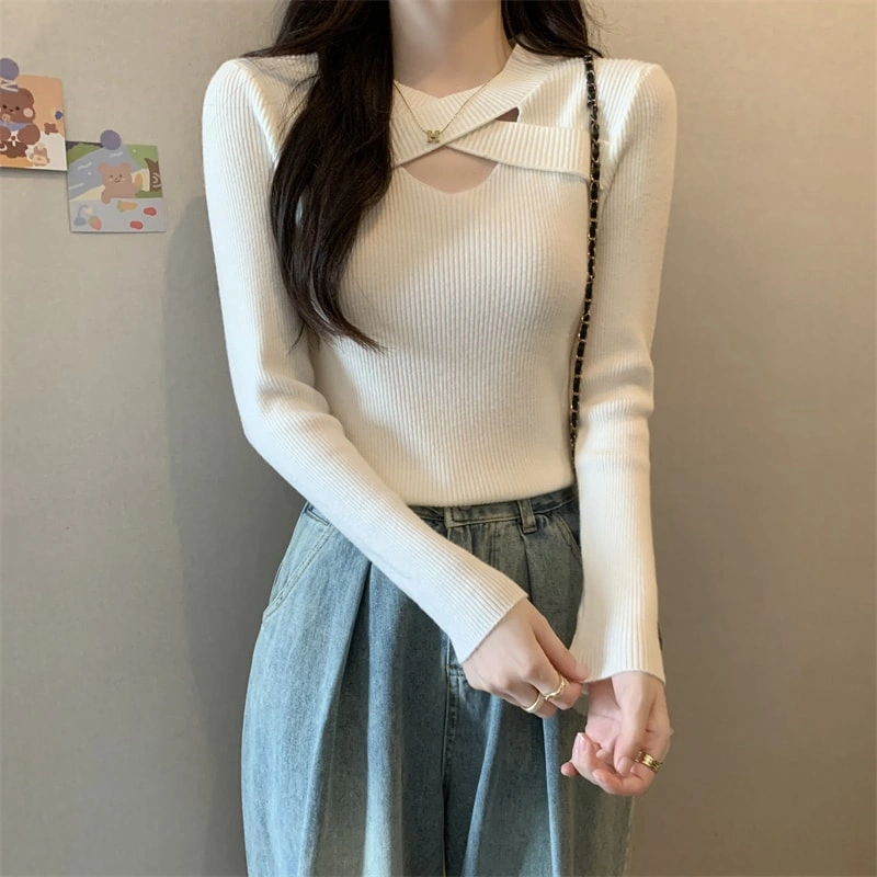 Cross-Front Cutout Ribbed Knit Sweater | Long Sleeve Fitted Top | Women's Fashion Knitwear - Image 9