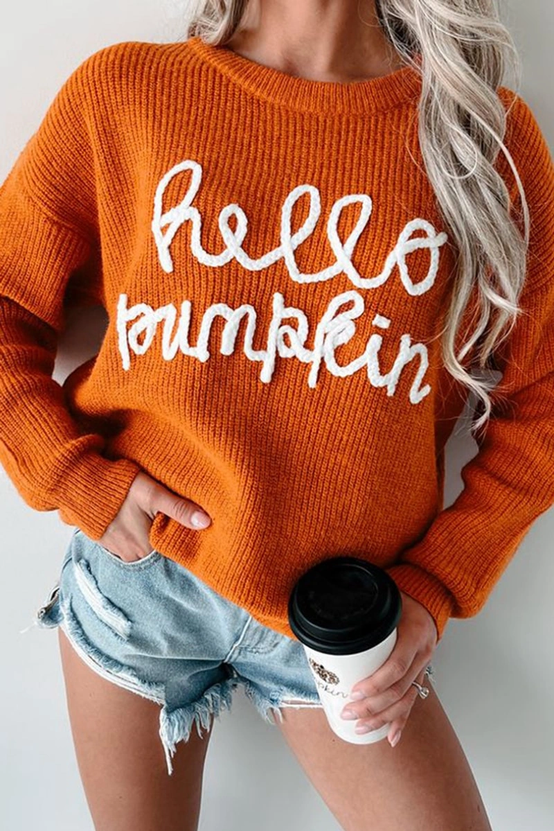 Hello Pumpkin Oversized Knit Sweater - Cute Fall Orange Pullover for Women - Image 3