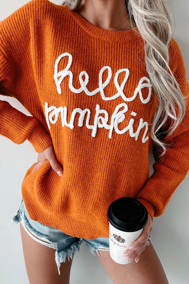 Hello Pumpkin Oversized Knit Sweater - Cute Fall Orange Pullover for Women - Image 4