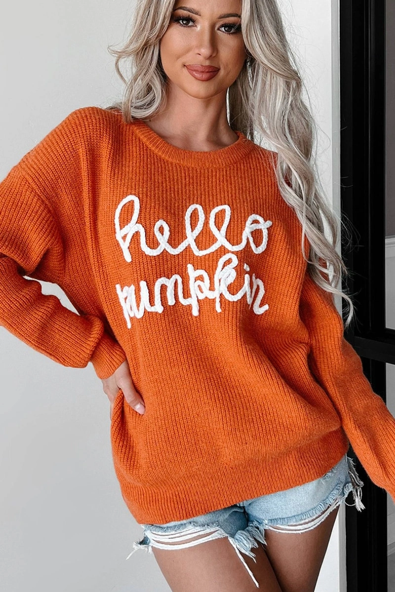 Hello Pumpkin Oversized Knit Sweater - Cute Fall Orange Pullover for Women - Image 5