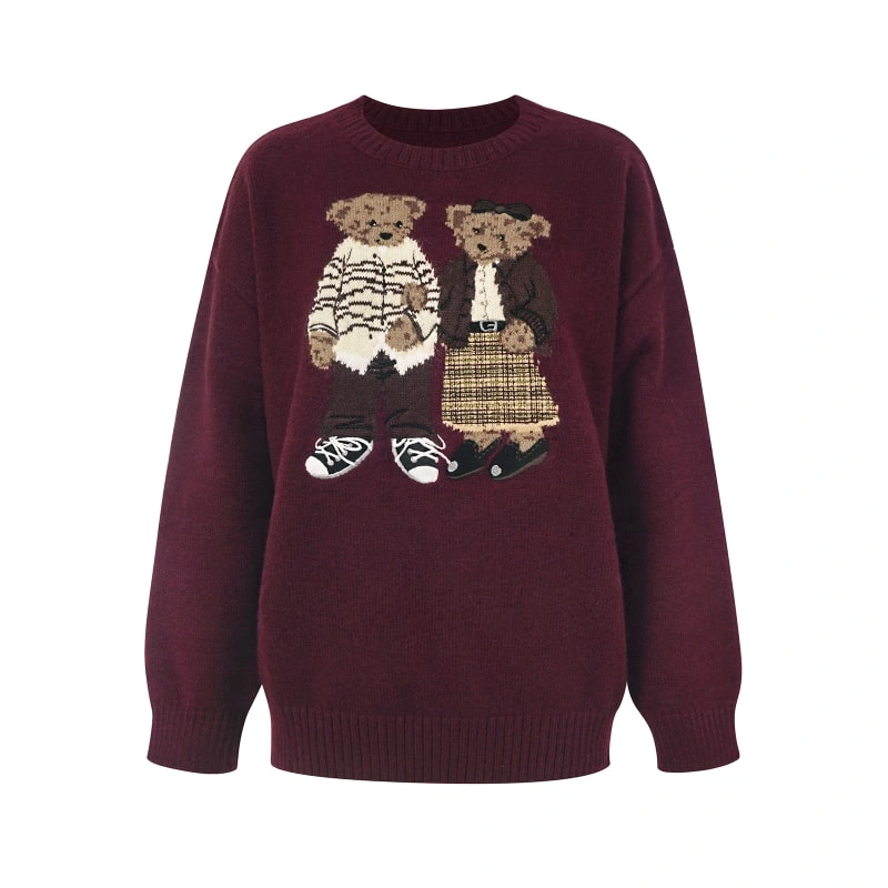 Vintage Cartoon Bear Jacquard Knit Sweater for Women – Cozy Retro Crewneck Pullover - Image 1