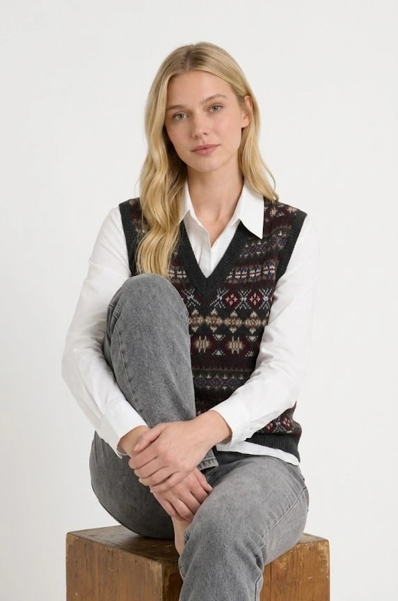 Women's Dark Multicolor Fair Isle Knit Sweater Vest, V-Neck Preppy Layering Outfit Shot - Sweater Wardrobe