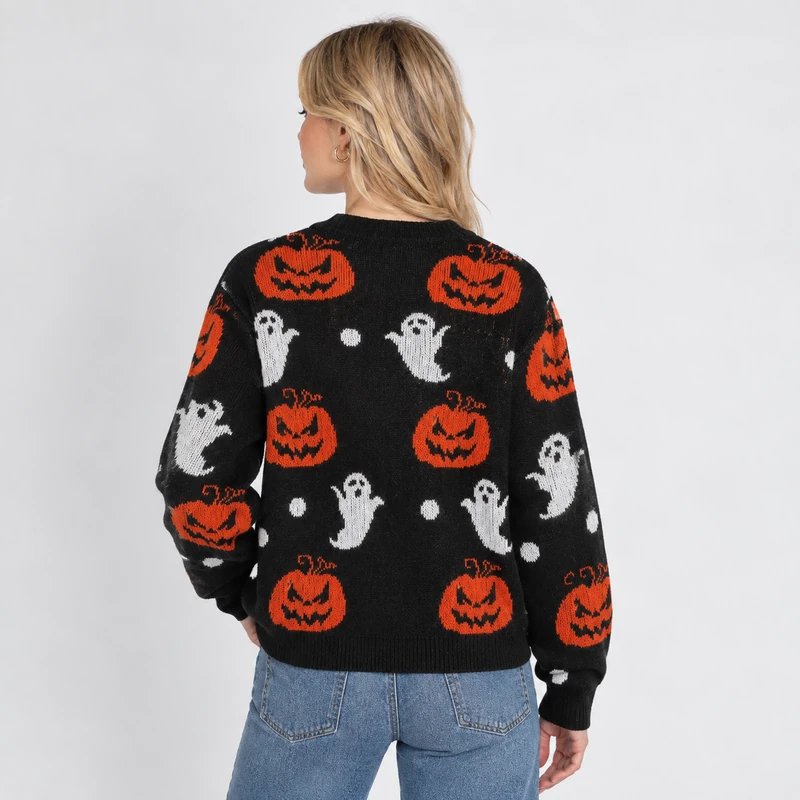 Halloween Pumpkin Graphic Cardigan: The Cozy, Festive Layer for Spooky Season 5 halloween cardigan back view pumpkin ghost jacquard